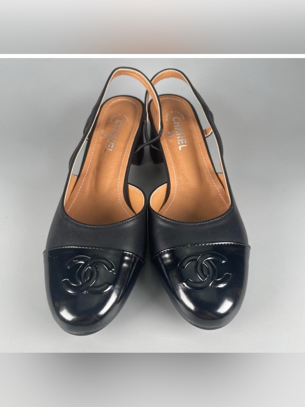 CHANEL Black Leather Slingback Mules with Patent Cap Toe - Picture 1 of 2